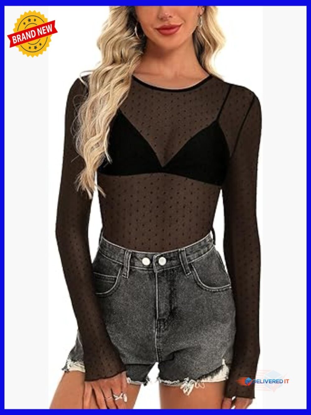 Sheer Mesh Long Sleeve Top Crew Neck Sexy See Through Lace Blouse Night Out